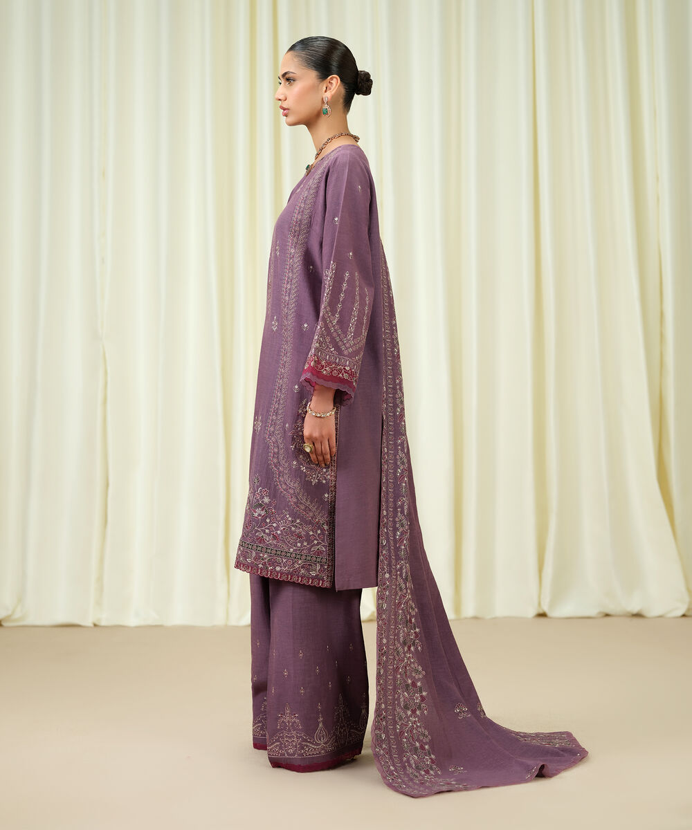 Women's Unstitched Viscose Karandi Embroidered Purple 3 Piece Suit