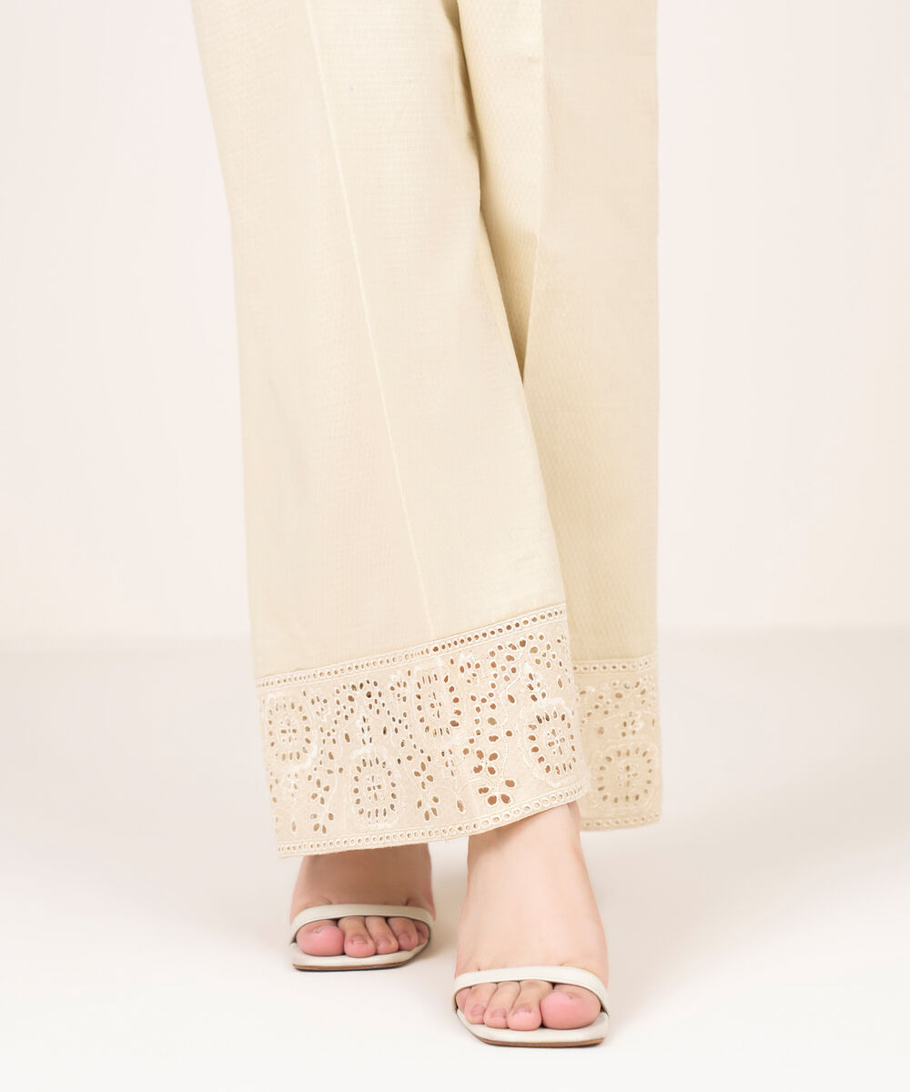 Women's RTW Textured Cotton Embroidered Beige Culottes