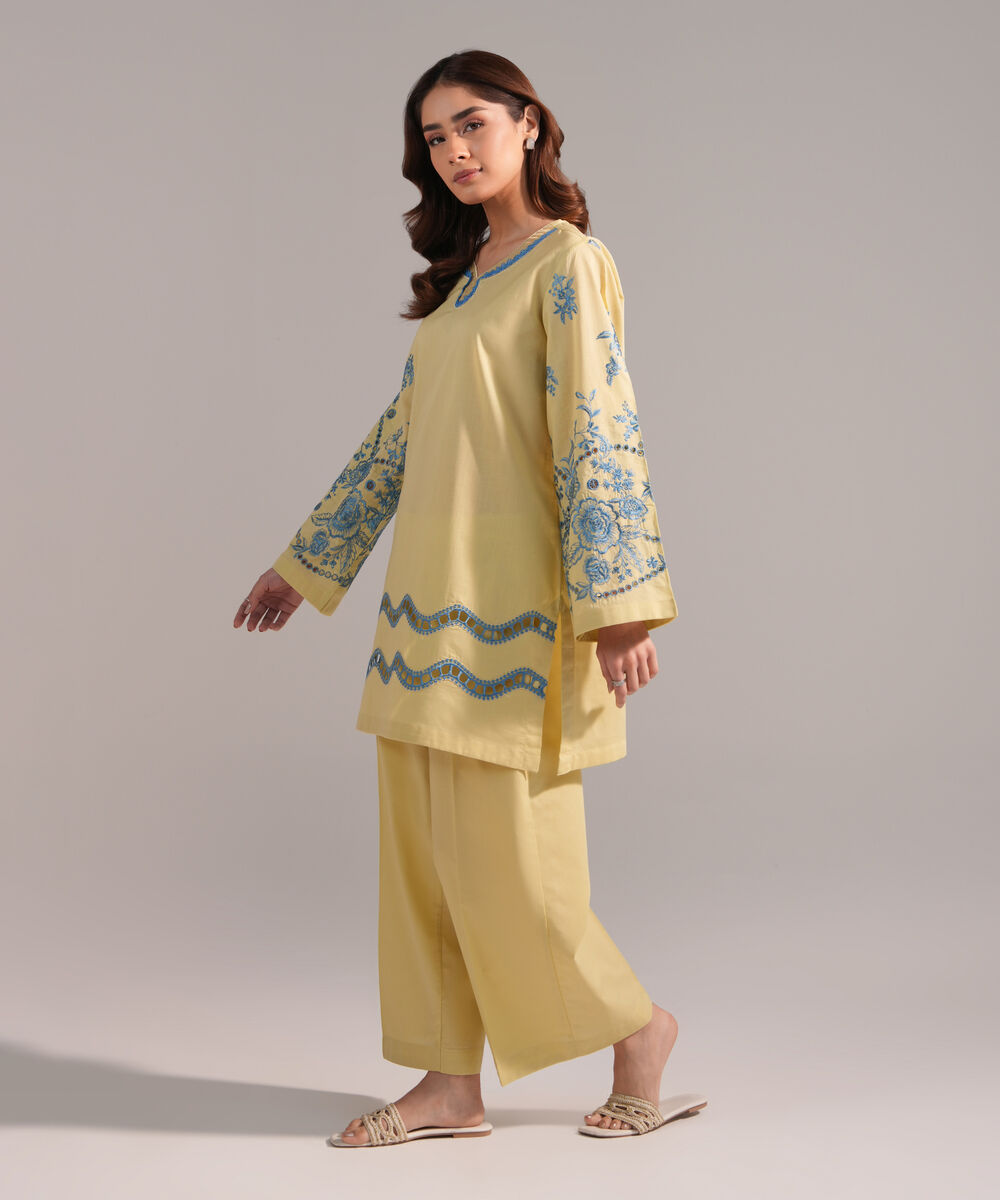 Women's RTW Crosshatch Embroidered Pale Yellow Straight Shirt