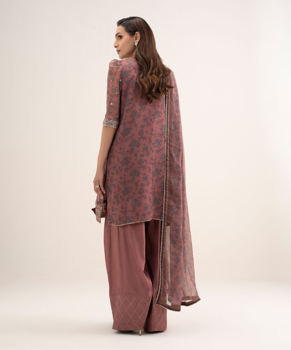 Women's Unstitched Blended Chiffon Embroidered Pink 3 Piece Suit