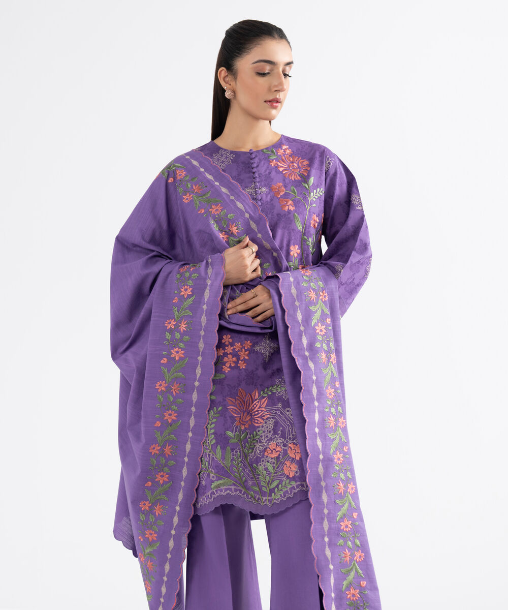 Women's Unstitched Cotton Jacquard Embroidered Purple 3 Piece Suit