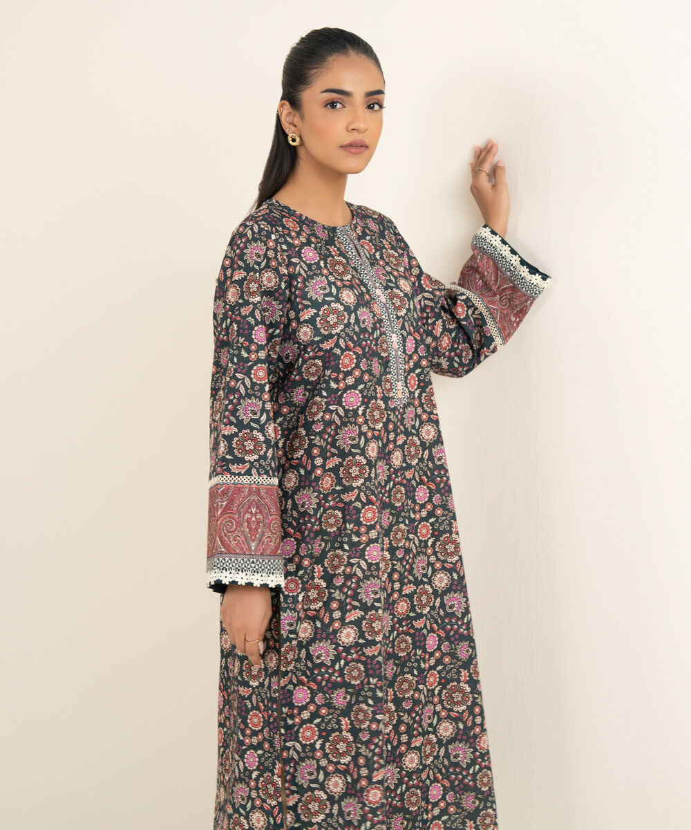 Women's RTW Khaddar Printed Dark Teal A-Line Shirt