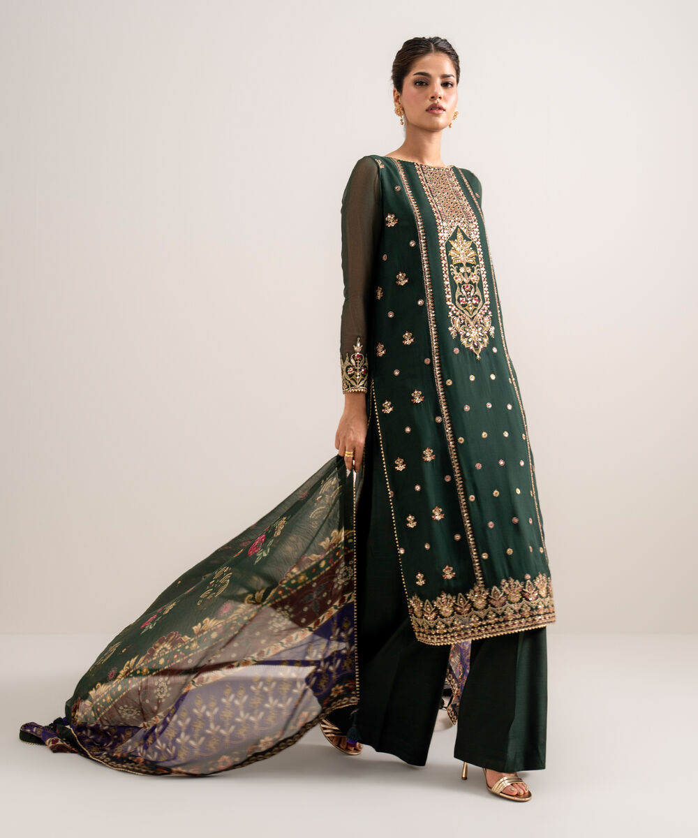 Women's Unstitched Embroidered Blended Chiffon Green 3 Piece Suit