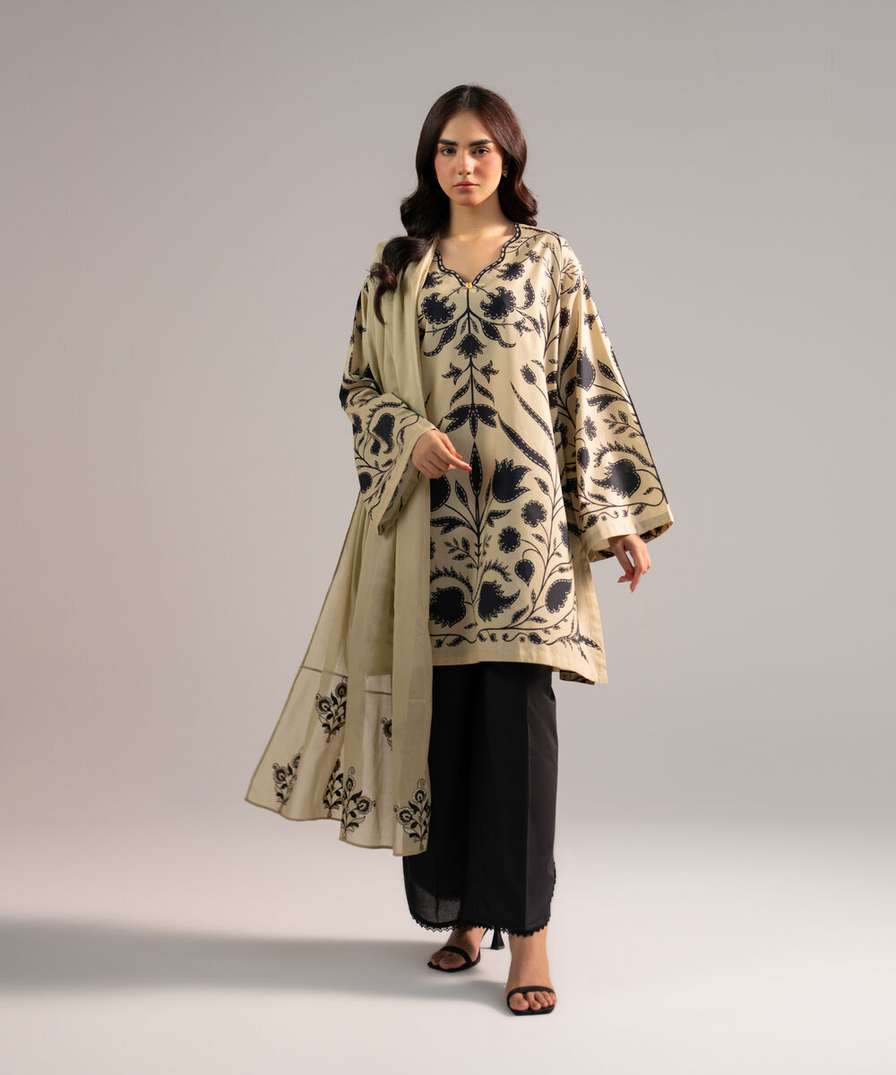 Women's RTW Lawn Printed Beige 3 Piece Suit