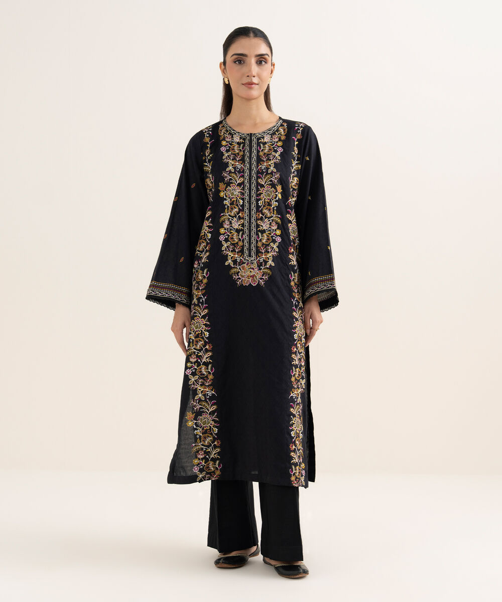 Women's RTW Self Jacquard Embroidered A-Line Black Shirt