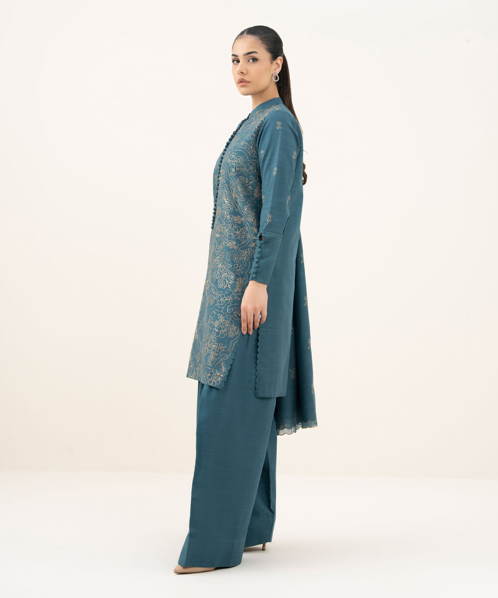 Women's Unstitched Embroidered Cotton Teal Green 3 Piece Suit