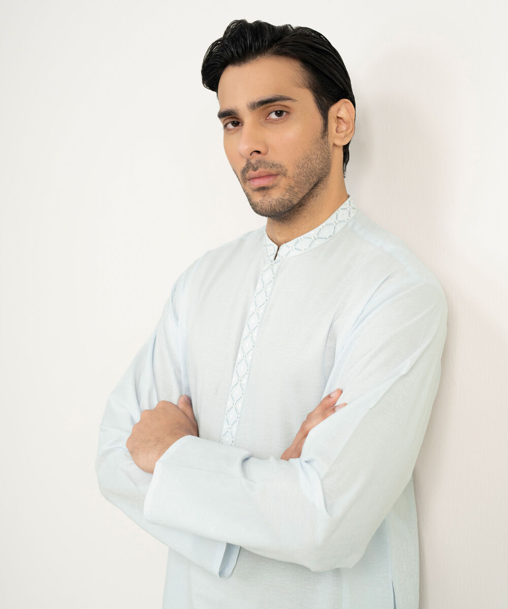 Men's Stitched Cotton Dobby Sky Blue Kurta