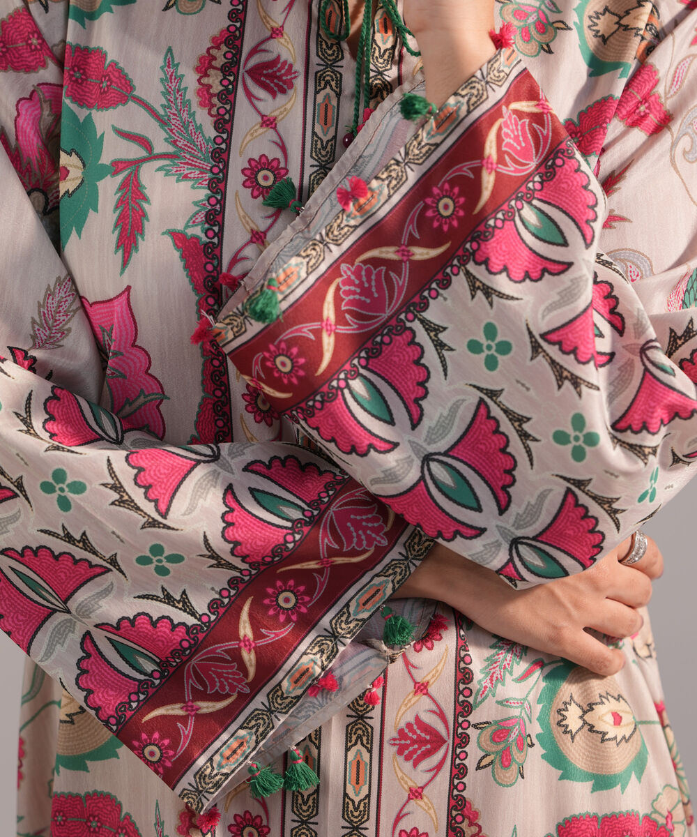 Women's RTW Blended Grip Silk Printed Grey A-Line Shirt