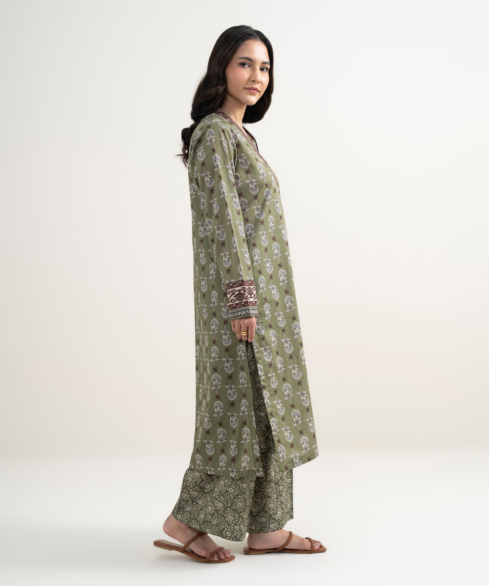 Women's RTW Lawn Printed Green Straight Shirt