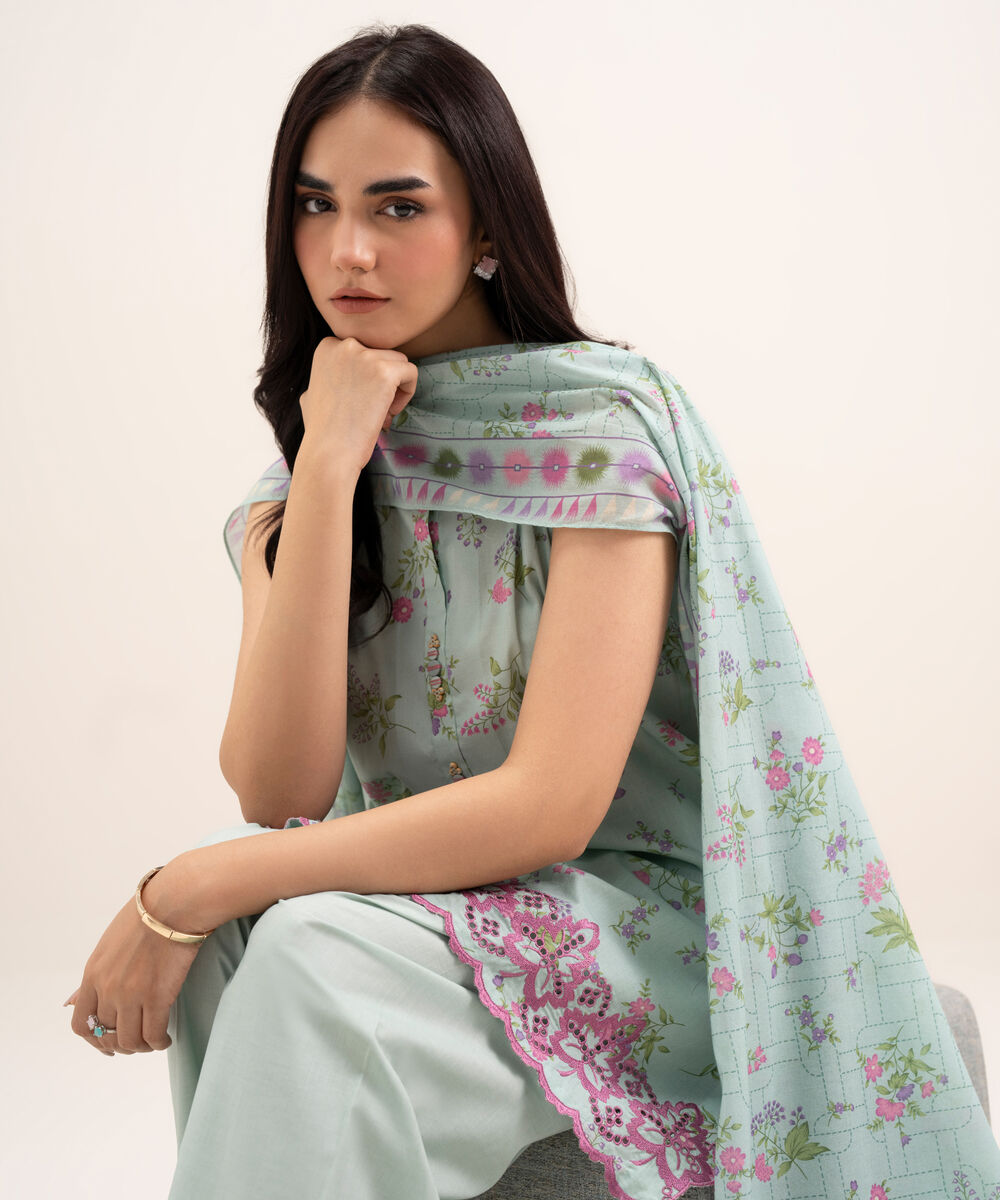 Women's Unstitched Lawn Embroidered Blue 3 Piece Suit