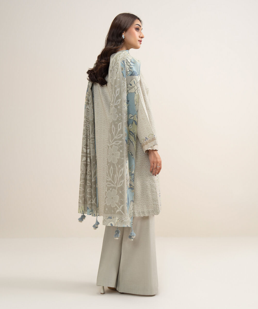 Women's Unstitched Lawn Embroidered Beige 3 Piece Suit