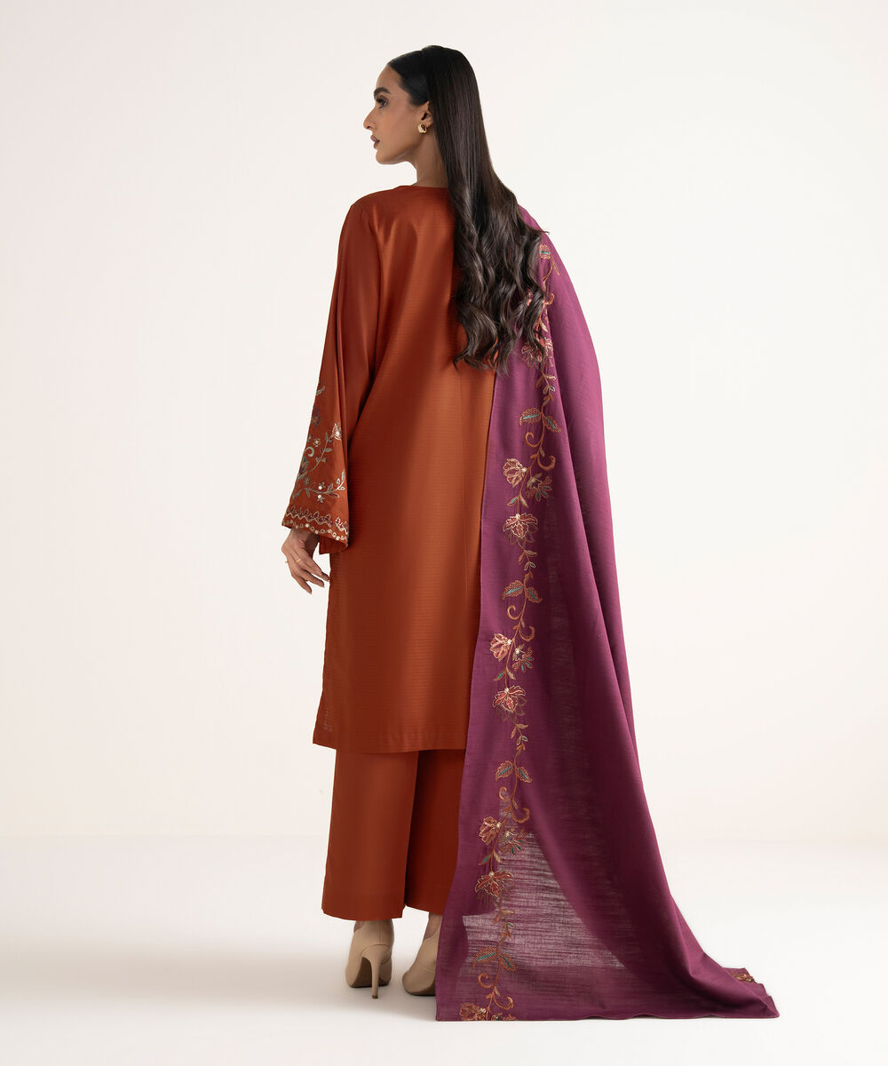 Women's Unstitched Dobby Embroidered Brown 3 Piece Suit