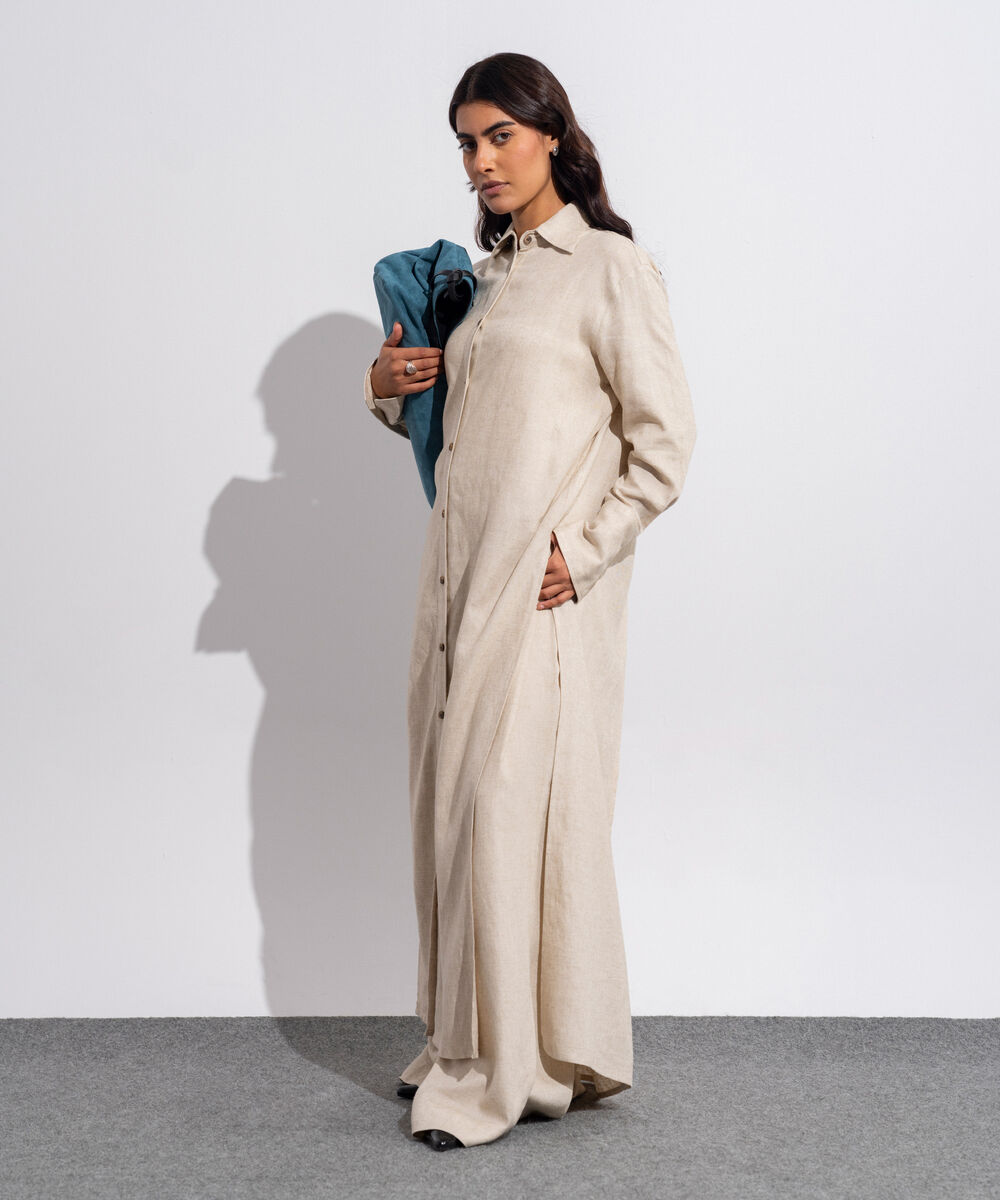 Women's Western Wear Beige Linen Blend Long Shirt