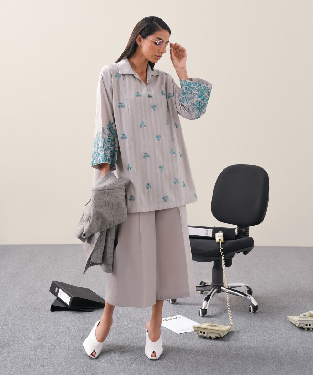 Women's RTW Textured Lawn Grey Embroidered Drop Shoulder Shirt