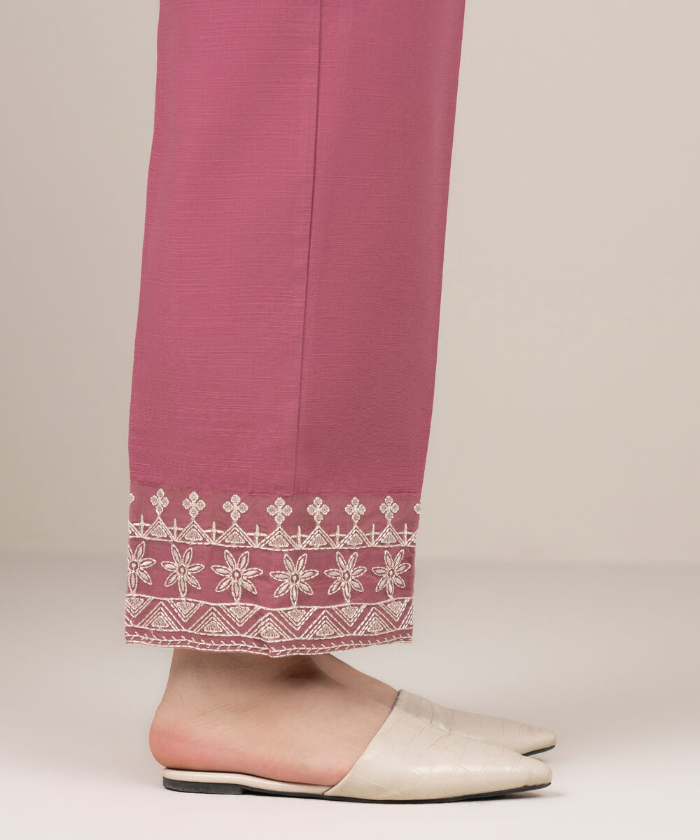 Women's RTW Khaddar Embroidered Pink Straight Pants