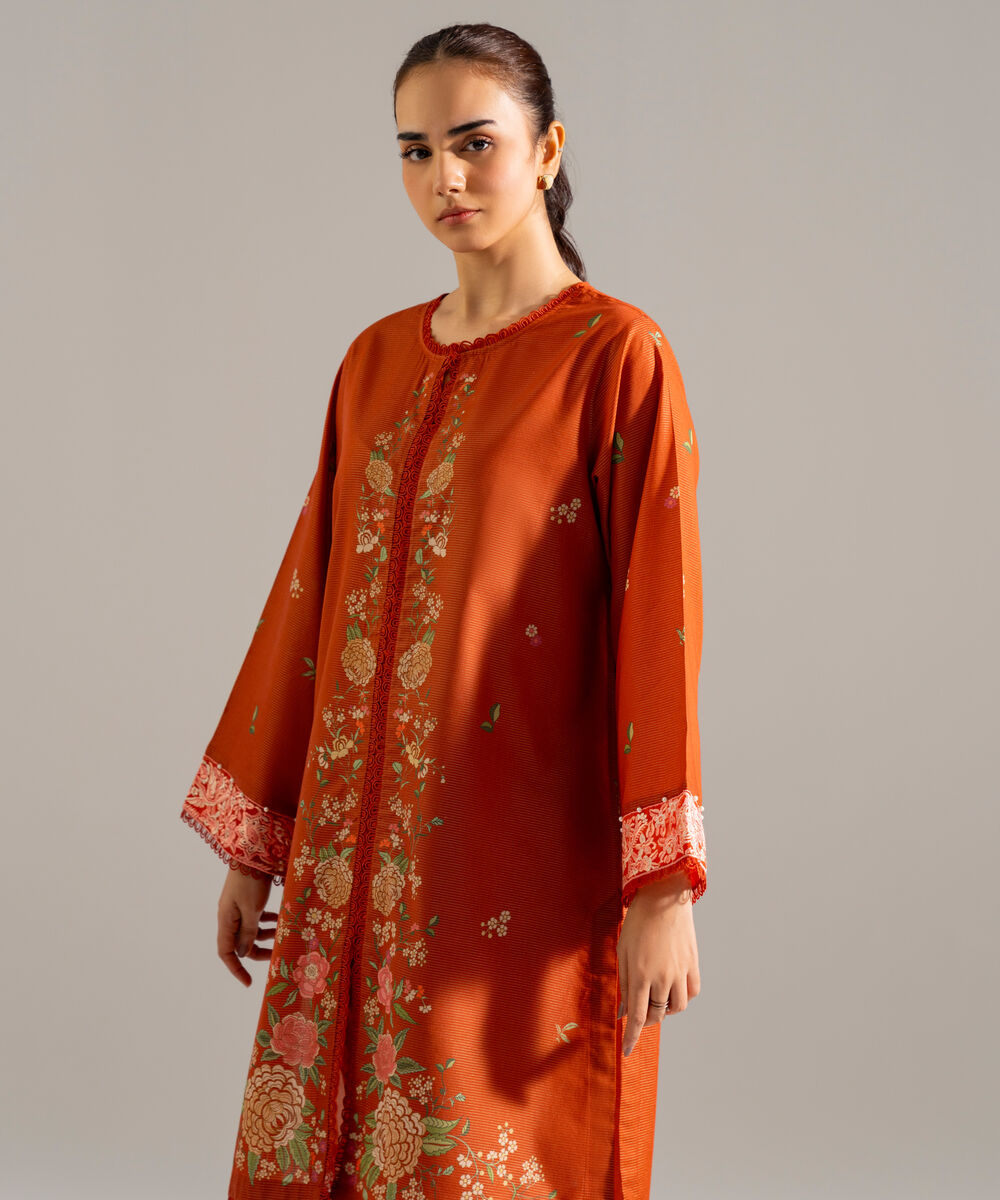 Women's RTW Zari Lawn Embroidered Orange Straight Shirt