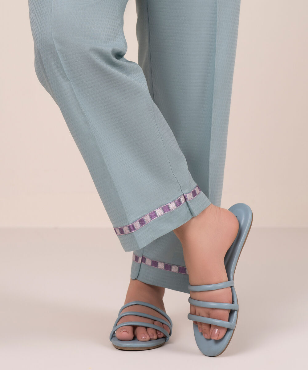 Women's RTW Dobby Embroidered Blue Straight Pants