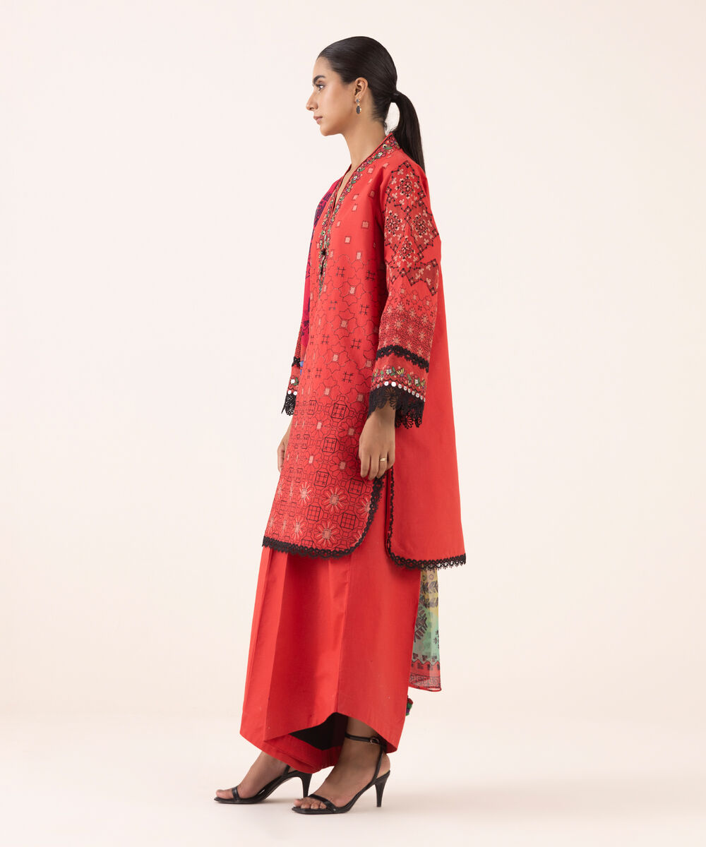 Women's Unstitched Cotton Embroidered Red Three Piece Suit
