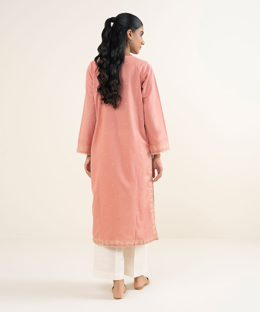 Women's RTW Light Khaddar Embroidered Pink A-Line Shirt