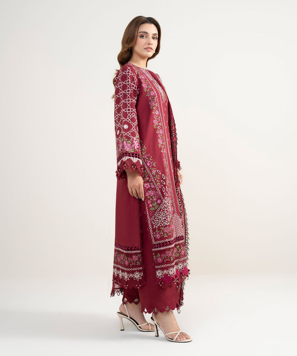 Women's Unstitched Lawn Embroidered Red 3 Piece Suit