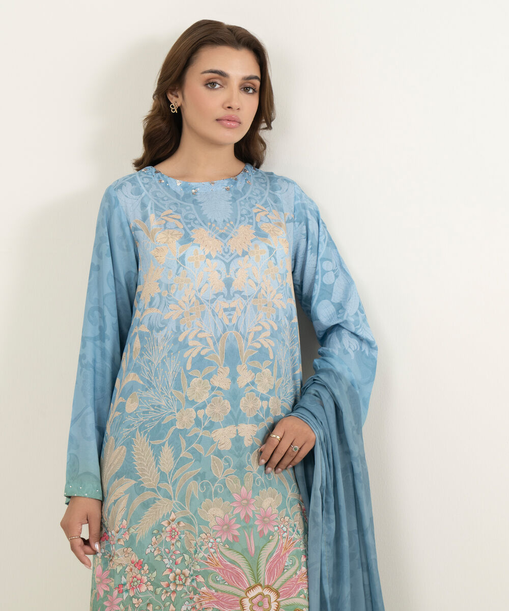 Women's RTW Viscose Raw Silk Printed Green 3 Piece Suit