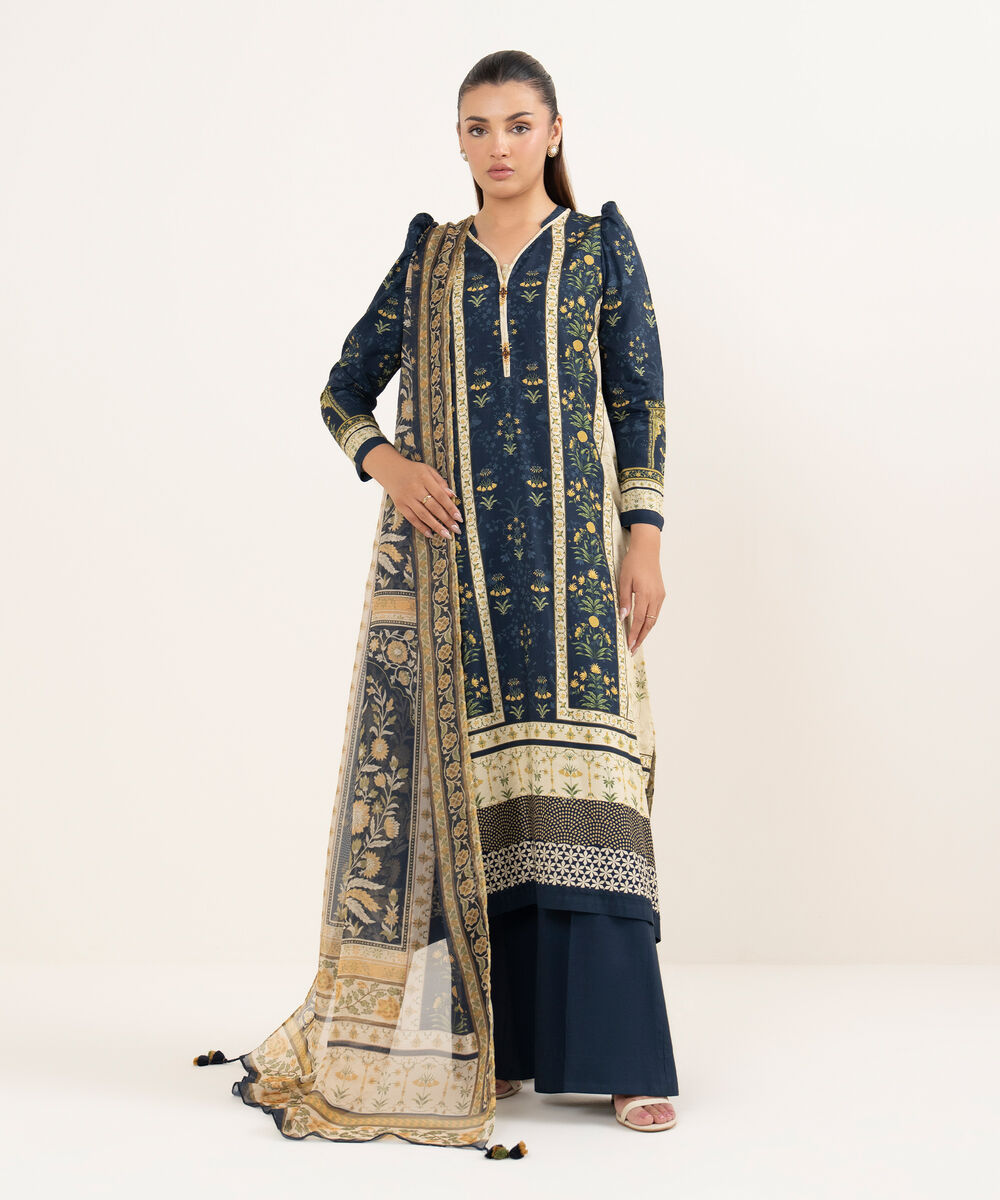 Women's Unstitched Arabic Lawn Printed Blue 3 Piece Suit