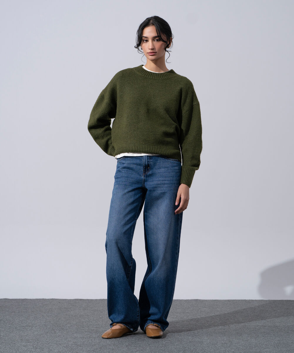 Women's Western Wear Green Round Neck Knit Sweater