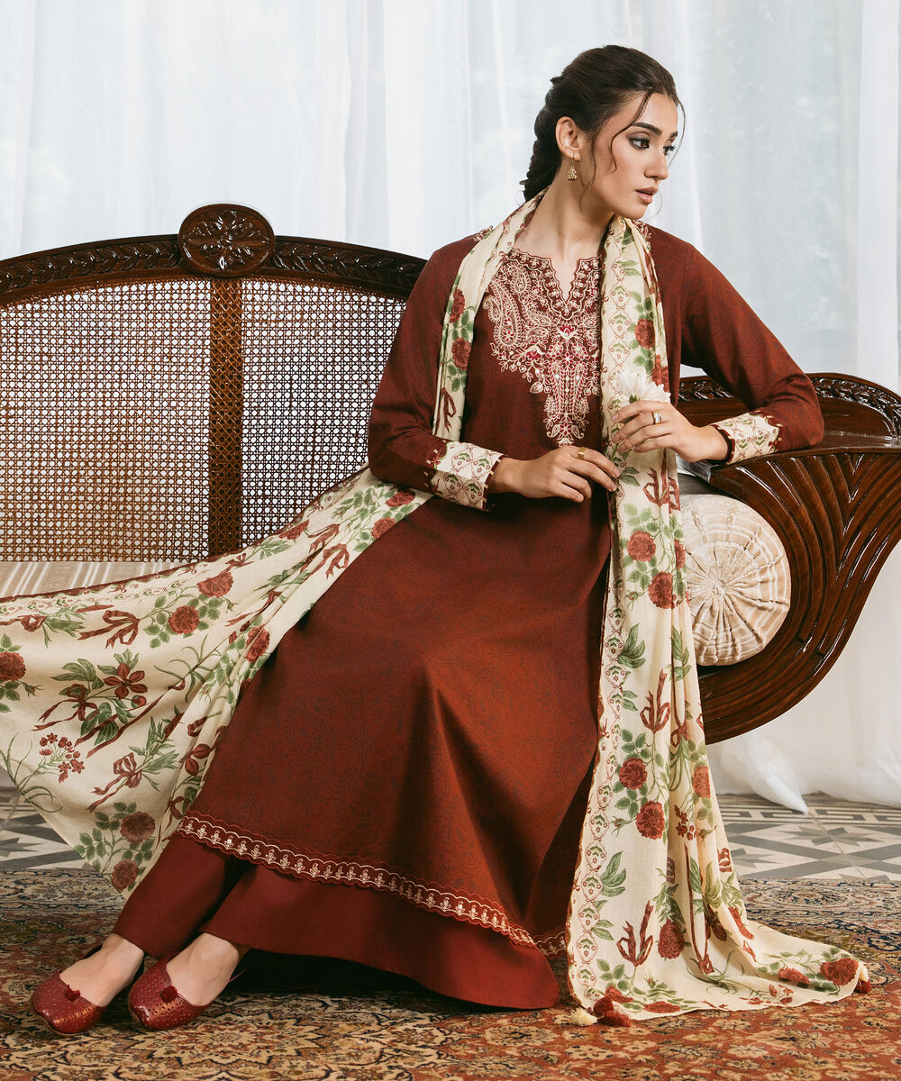 Women's Unstitched Cotton Embroidered Red 3 Piece Suit