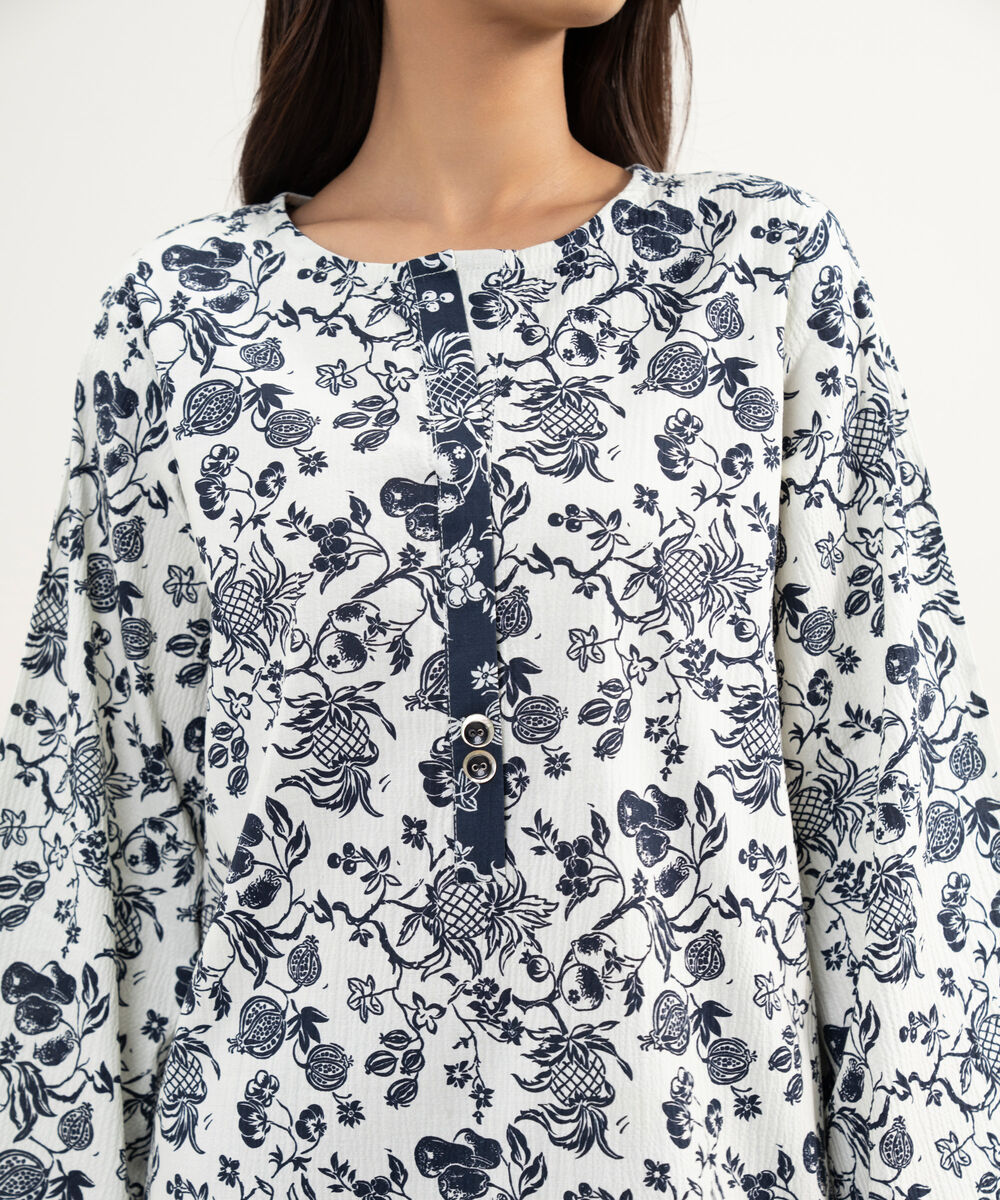 Women's RTW Seersucker Printed White Straight Shirt