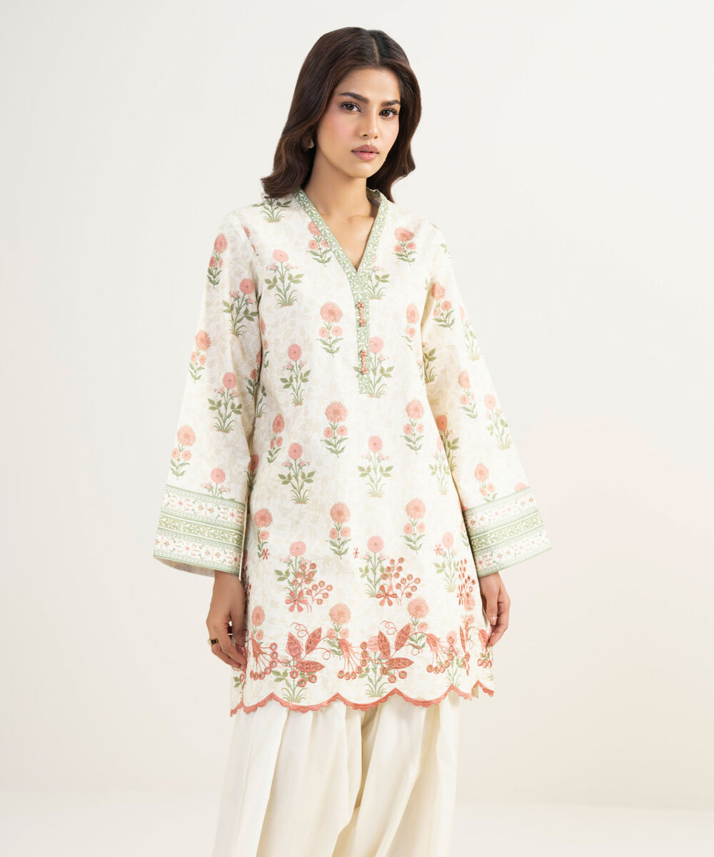 Women's Unstitched Lawn Embroidered Off White 2 Piece Suit