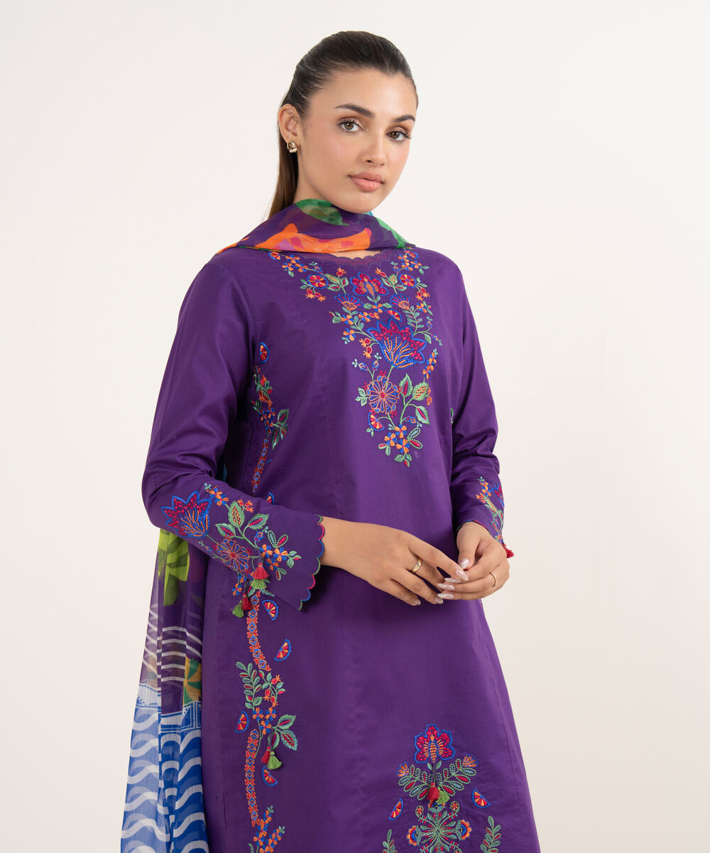 Women's Unstitched Textured Lawn Embroidered Purple 3 Piece Suit