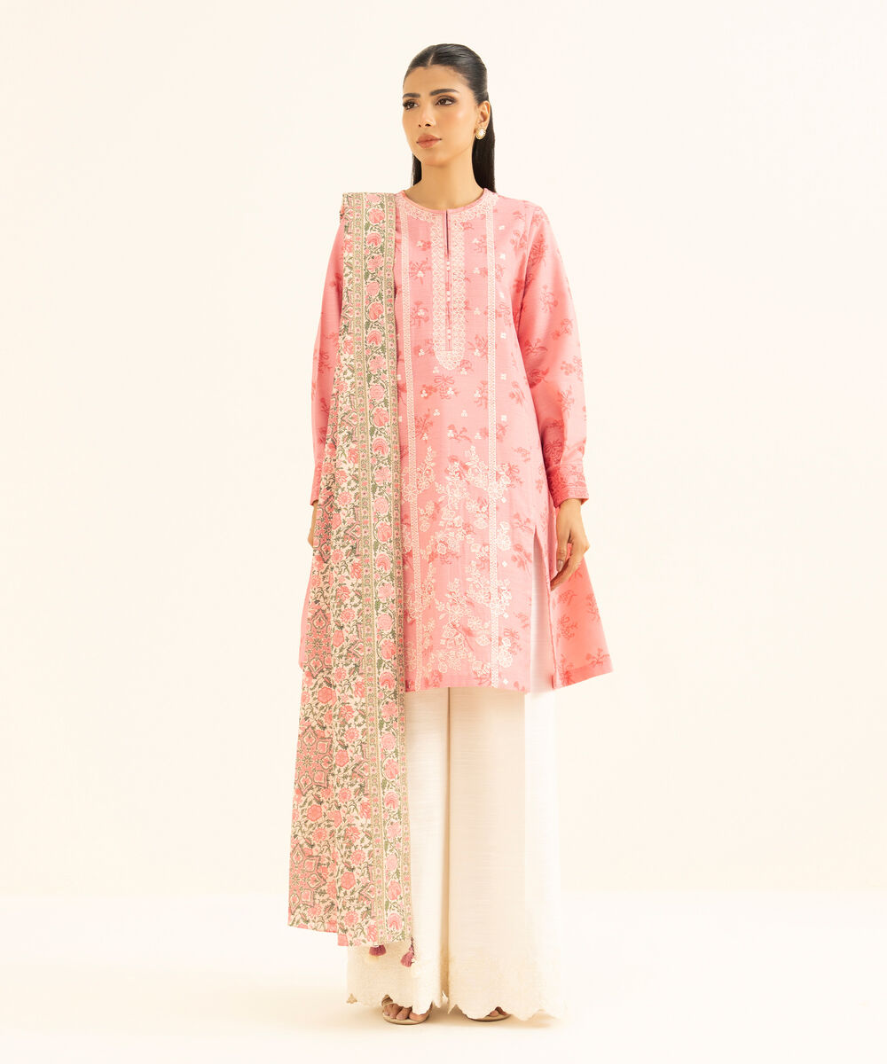 Women's Unstitched Khaddar Embroidered Pink  2 Piece Suit