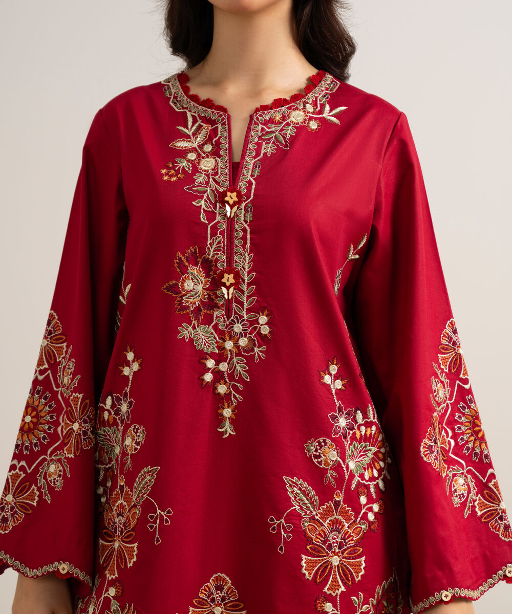 Women's Unstitched Embroidered Cotton Viscose Red 3 Piece Suit
