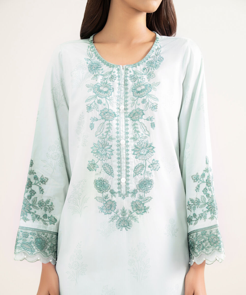 Women's RTW Lawn Embroidered Green A-Line Shirt