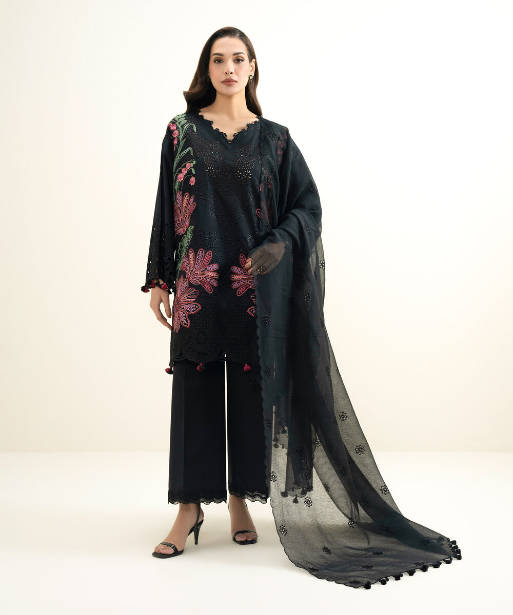 Women's Unstitched Lawn Embroidered Black 3 Piece Suit
