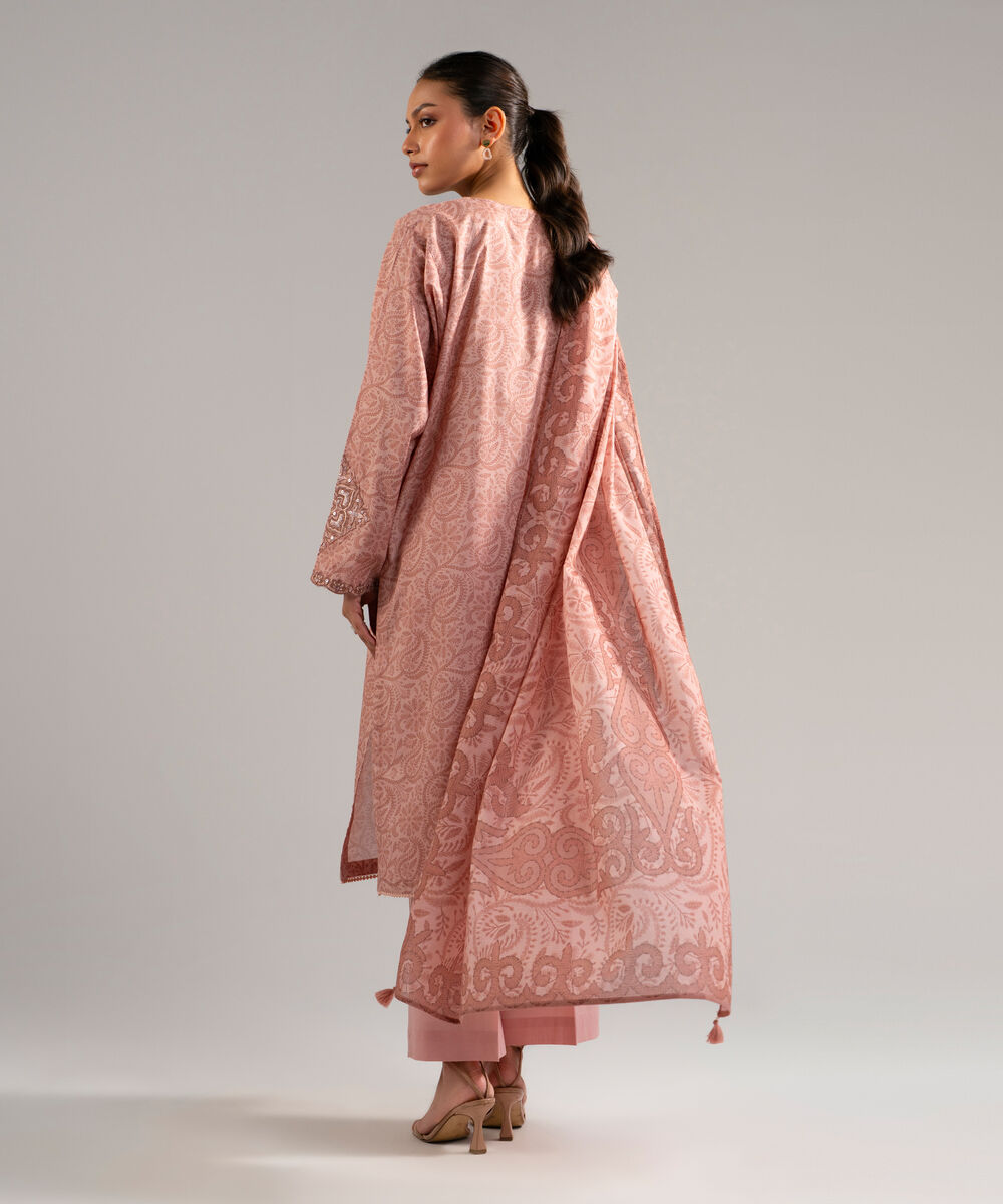 Women's RTW Slub Lawn Embroidered Pink 3 Piece Suit