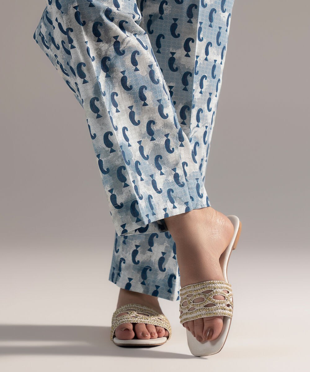 Women's RTW Cambric Printed Blue Straight Pants