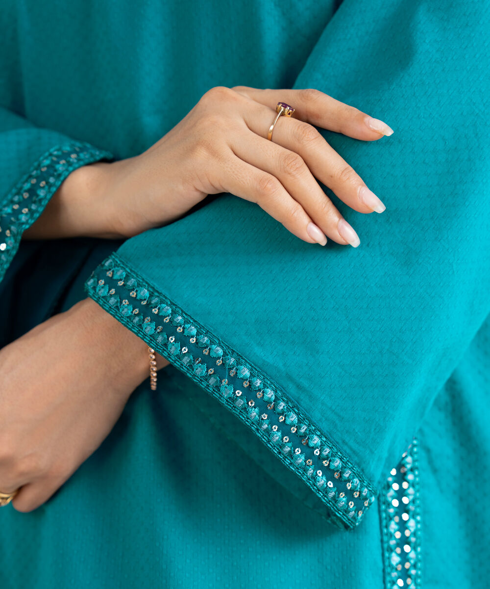 Women's RTW Textured Cotton Blue Embroidered A-Line Shirt