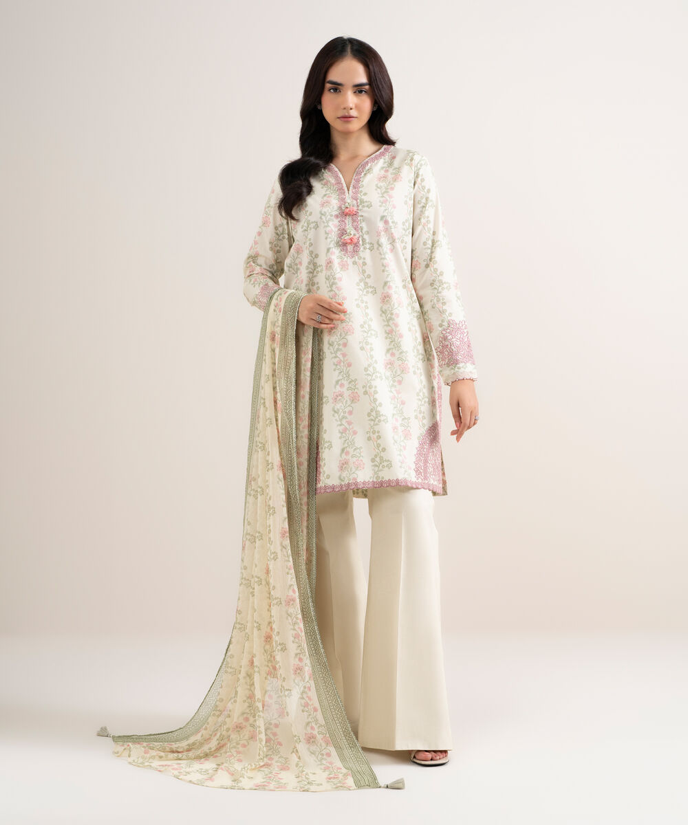 Women's Unstitched Lawn Embroidered Off White 3 Piece Suit