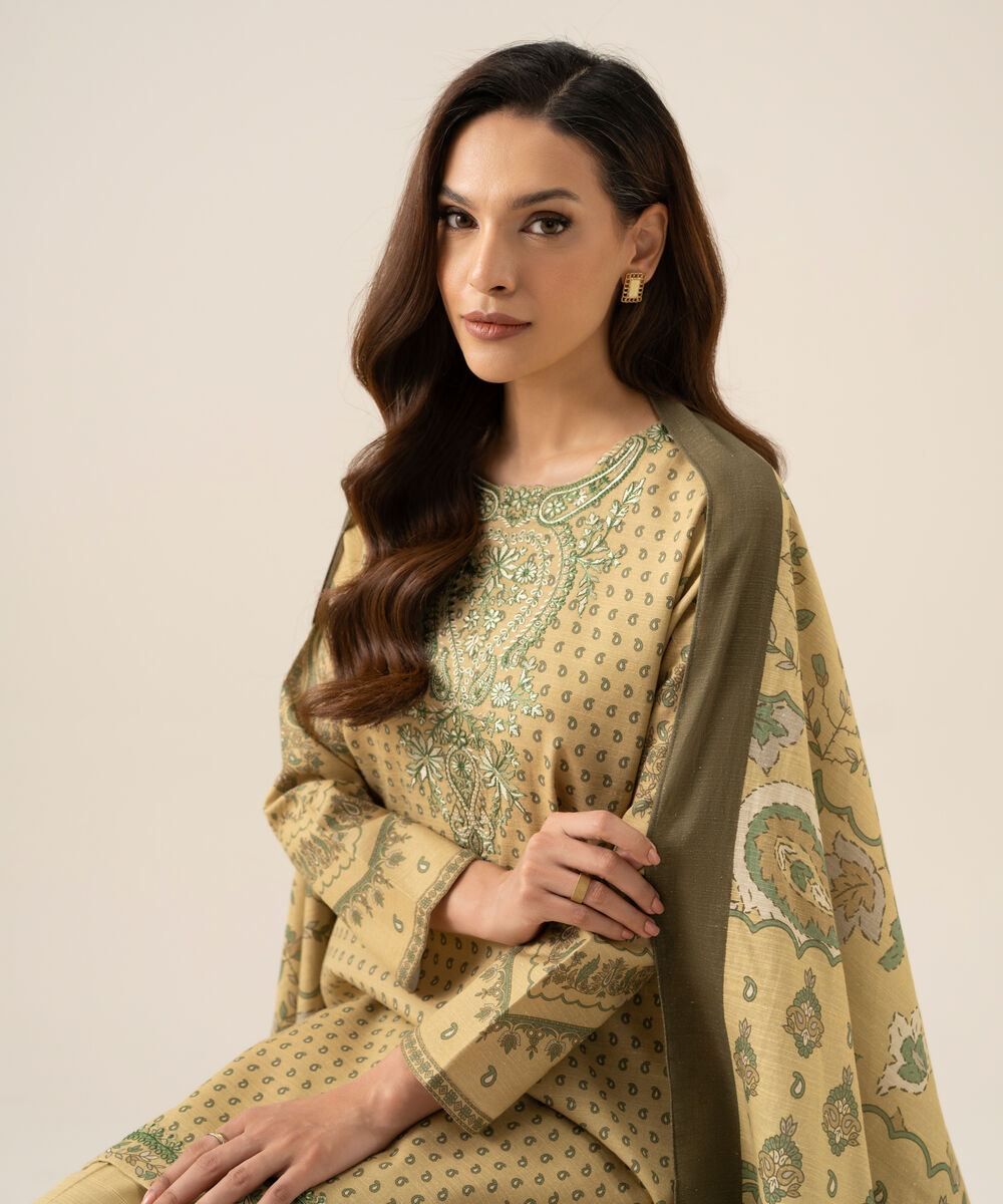 Women's Unstitched Premium Khaddar Embroidered Beige 3 Piece Suit