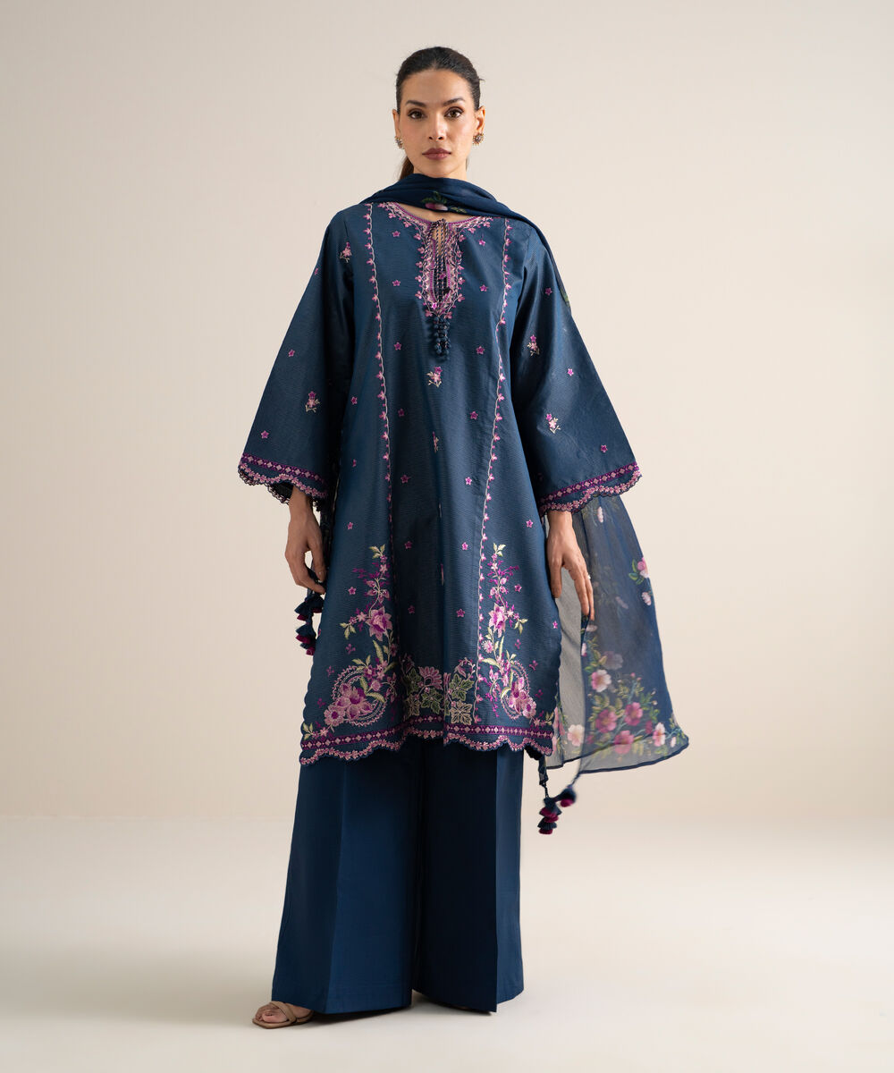 Women's Unstitched Zari Lawn Embroidered Blue 3 Piece Suit