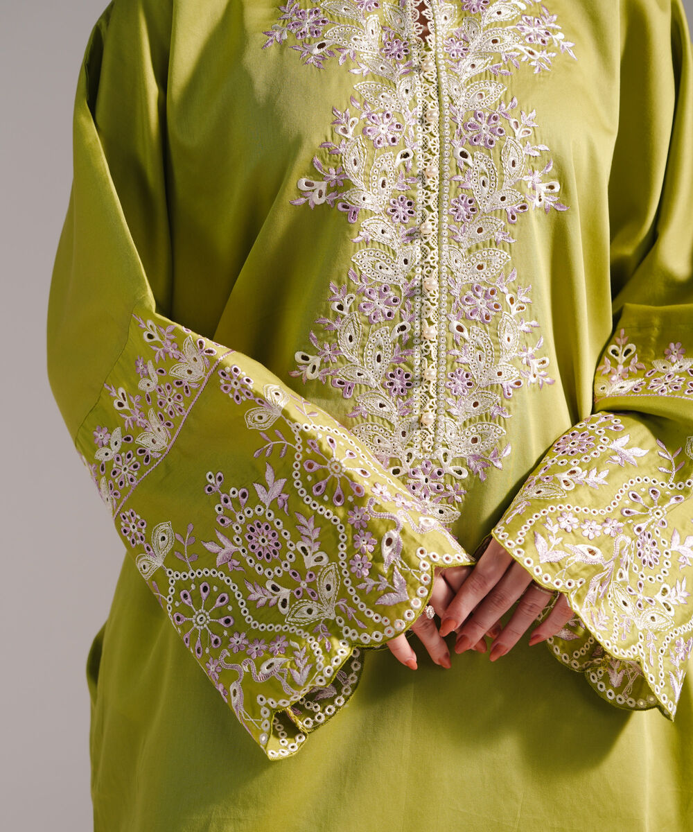 Women's RTW Cotton Satin Embroidered Straight Green Shirt