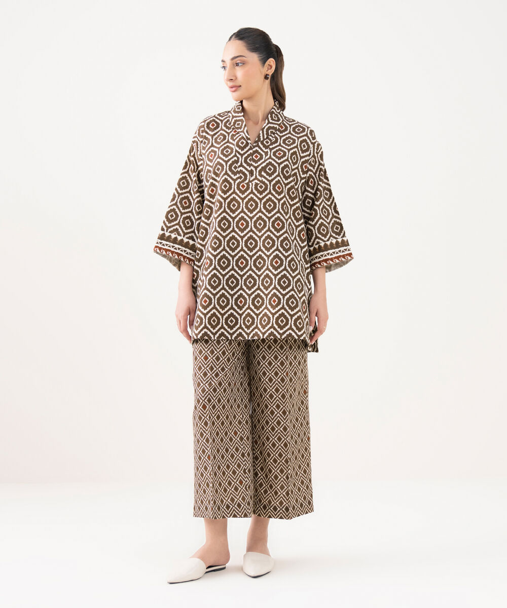 Women's RTW Cotton Printed Brown Straight Shirt