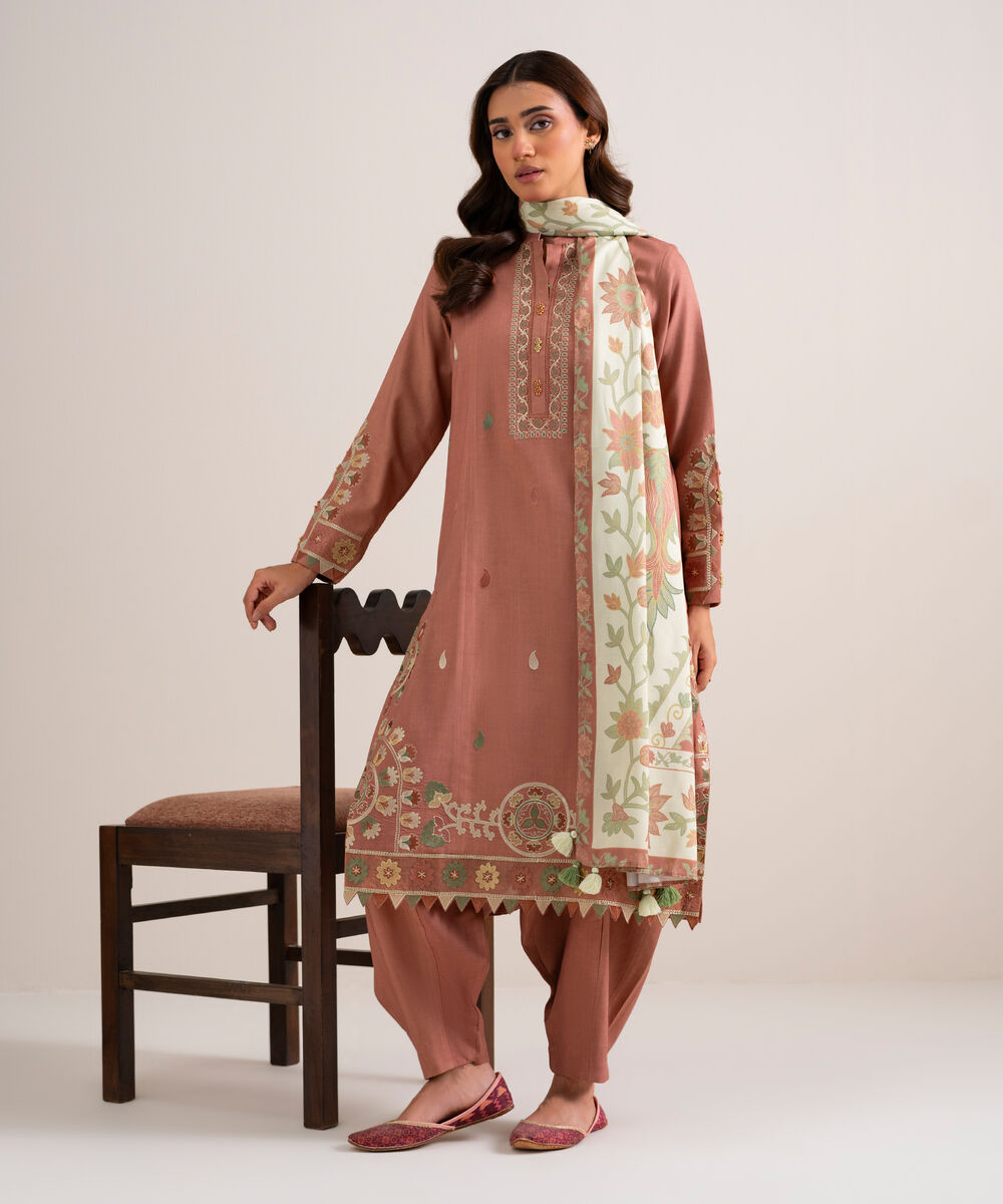 Women's Unstitched Embroidered Linen Tea Pink 3 Piece Suit