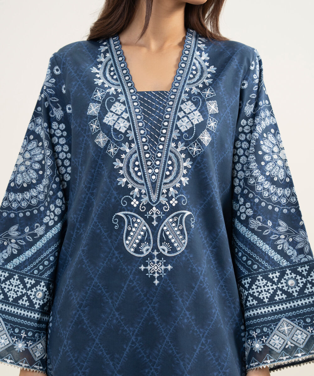 Women's Unstitched Lawn Embroidered Blue 3 Piece Suit