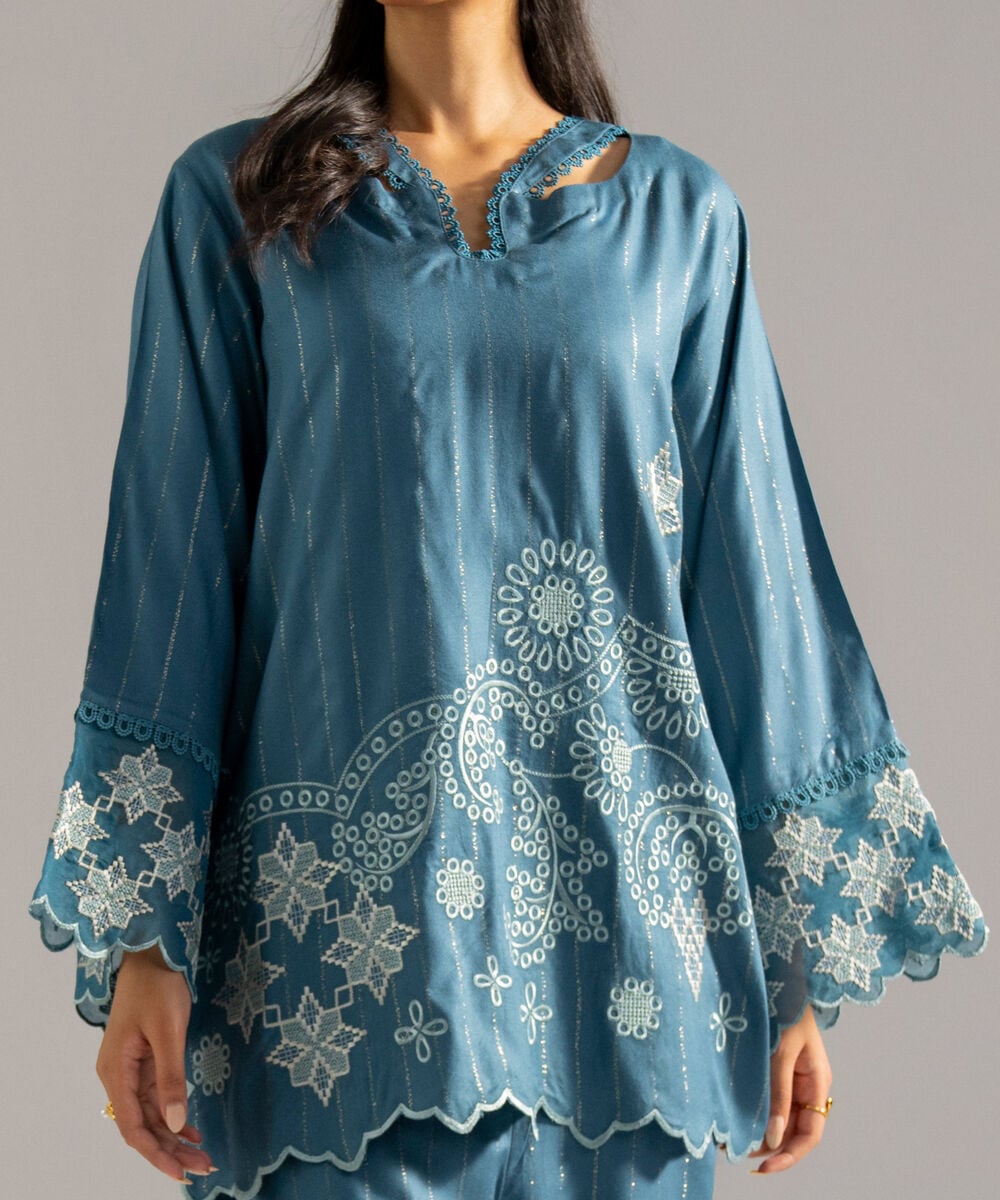 Women's RTW Dobby Crepe Lurix Solid Embroidered Teal Straight Shirt