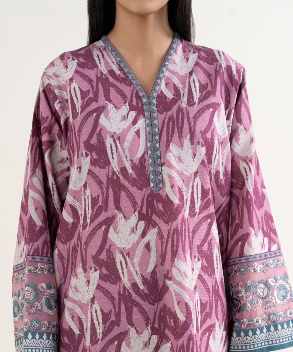 Women's Unstitched Printed Khaddar Pink and Off White 3 Piece Suit