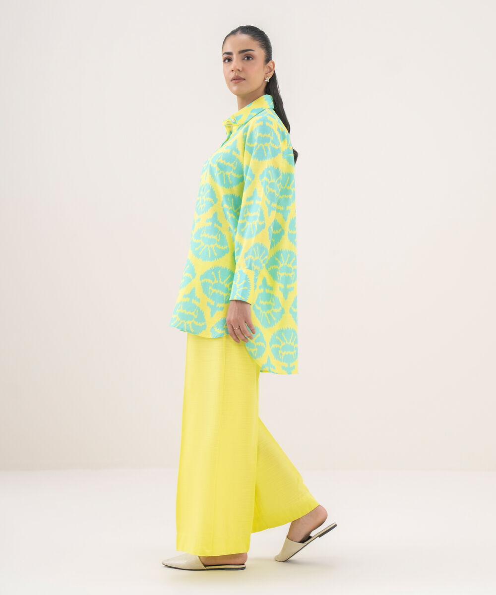 Women's RTW Light Khaddar Printed Button Down Lime Green Shirt