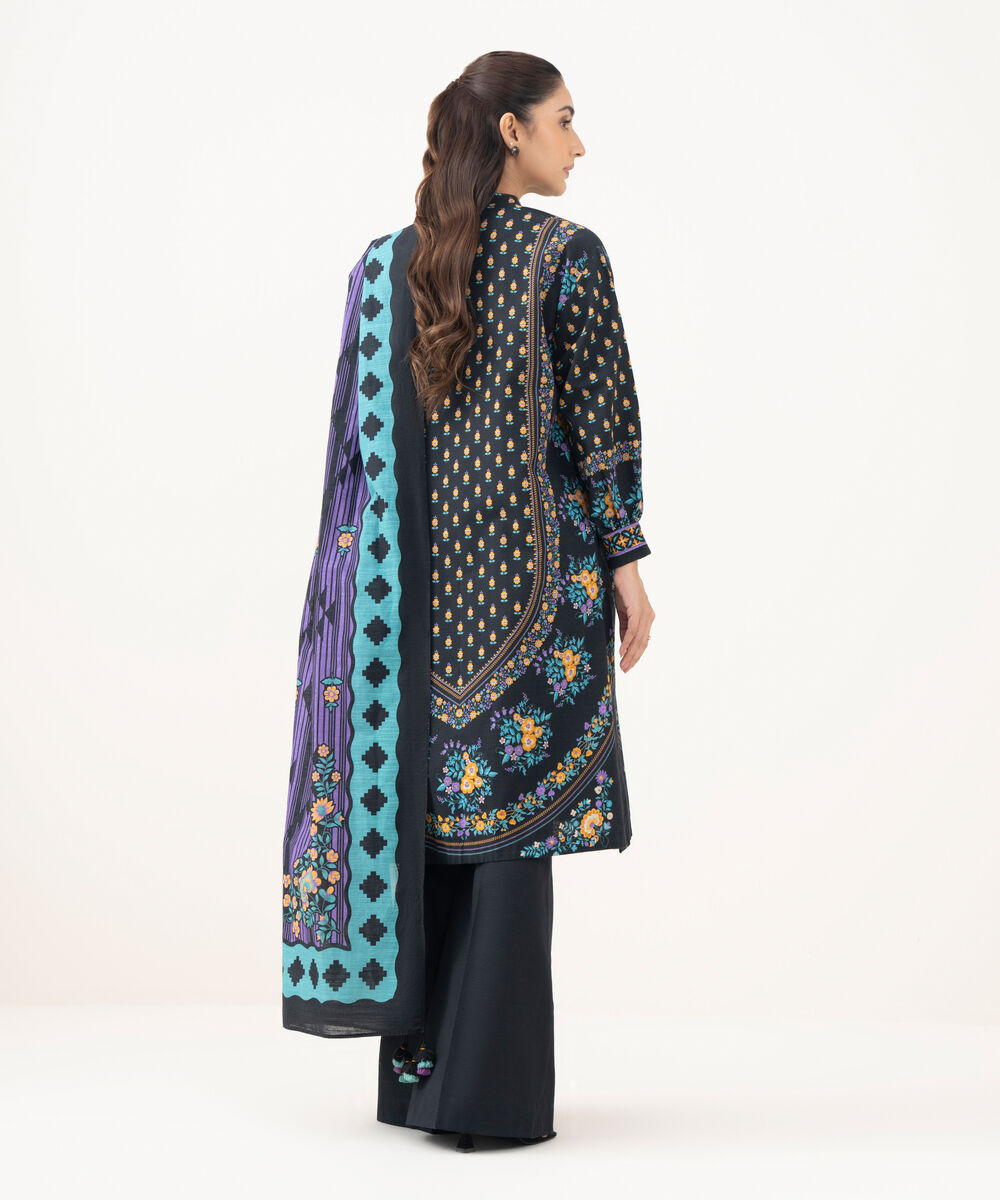Women's Unstitched Khaddar Printed Black 3 Piece Suit
