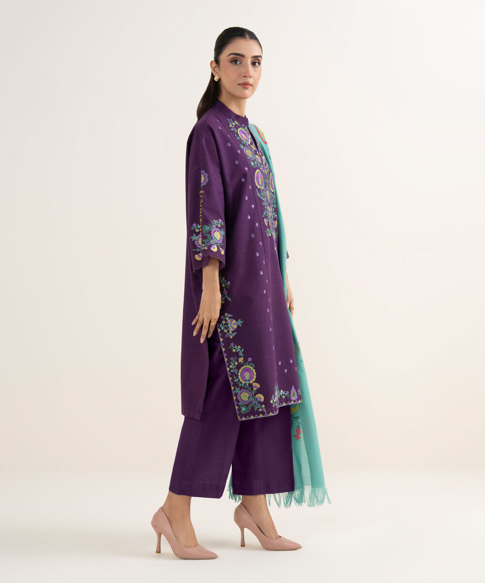 Women's Unstitched Embroidered Khaddar Purple 3 Piece Suit